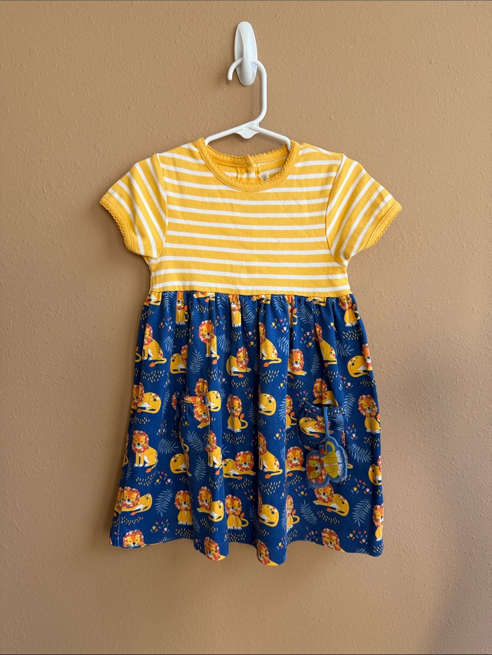 Jojo Maman Bebe Yellow Striped Top & Navy Lion Print Dress